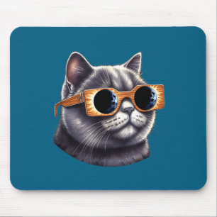 British Short Hair Cat With Solar Eclipse Gles Mouse Pad