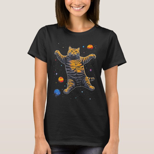 British Shorthair Cat in Space T-Shirt (Front)