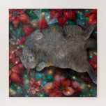 British Shorthair Cat Kitty in Poinsettias Lights Jigsaw Puzzle<br><div class="desc">This is my son's cat, Laszlo. I created a Christmas Poinsettias and Lights background to turn this adorable photo into a cute puzzle to give to my son and his girlfriend for Christmas. If you'd like me to create something like this with a photo of your pet, feel free to...</div>