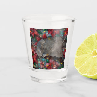 British Shorthair Cat Kitty in Poinsettias Lights Shot Glass