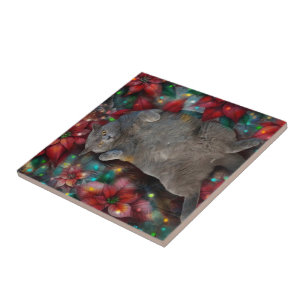 British Shorthair Cat Kitty Poinsettias Christmas Tile