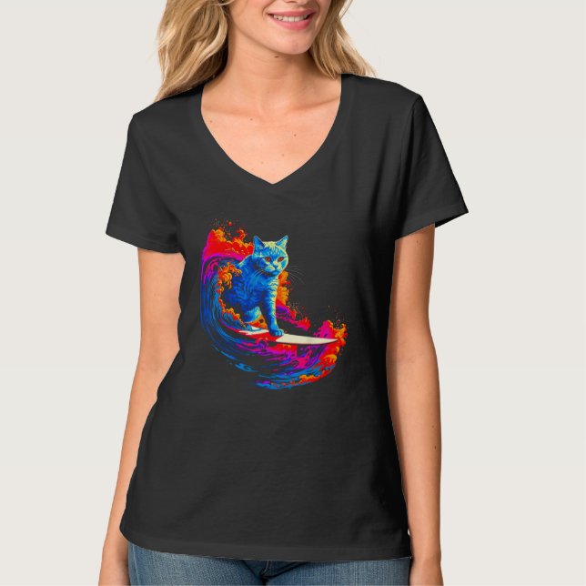 British Shorthair Cat Surfing T-Shirt (Front)