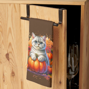 British Shorthair Cat with Pumpkin Tea Towel