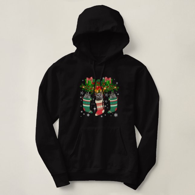 British Shorthair Cats In Christmas Sock Cat Lover Hoodie (Design Front)