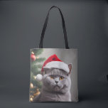 British Shorthair Christmas Tote Bag<br><div class="desc">Cute  blue/grey British shorthair cat wearing a Santa hat.</div>