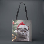 British Shorthair Christmas Tote Bag<br><div class="desc">Cute  blue/grey British shorthair cat wearing a Santa hat.</div>