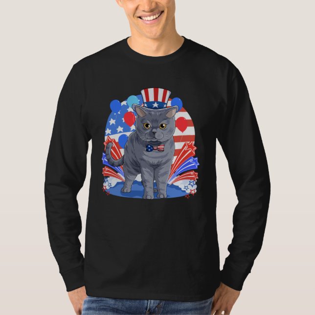 British Shorthair Merica 4th of July American Flag T-Shirt (Front)