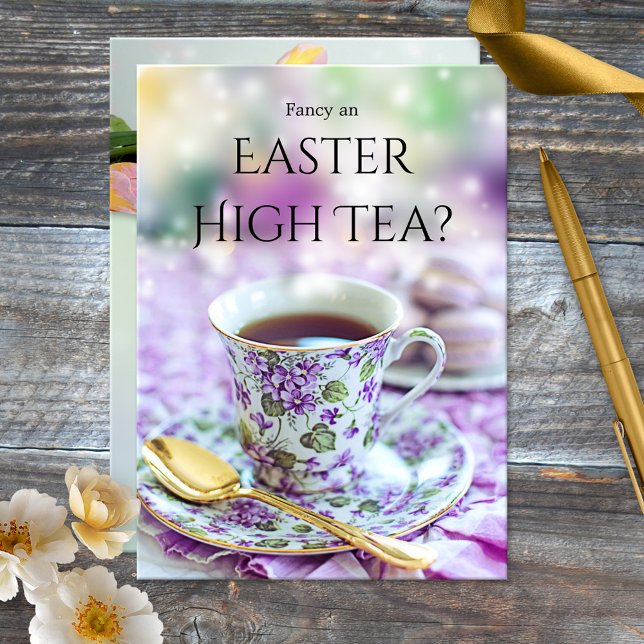 British Style High Tea or Easter Brunch Invitation (British style Easter brunch or High Tea invitation featuring a colorful tea and spring tulip flowers)