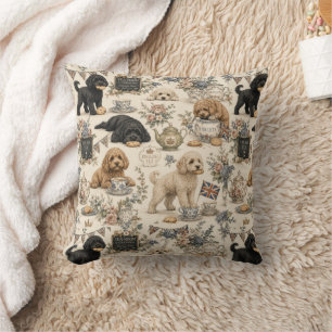 British Tea Room Cockapoo Throw Pillow