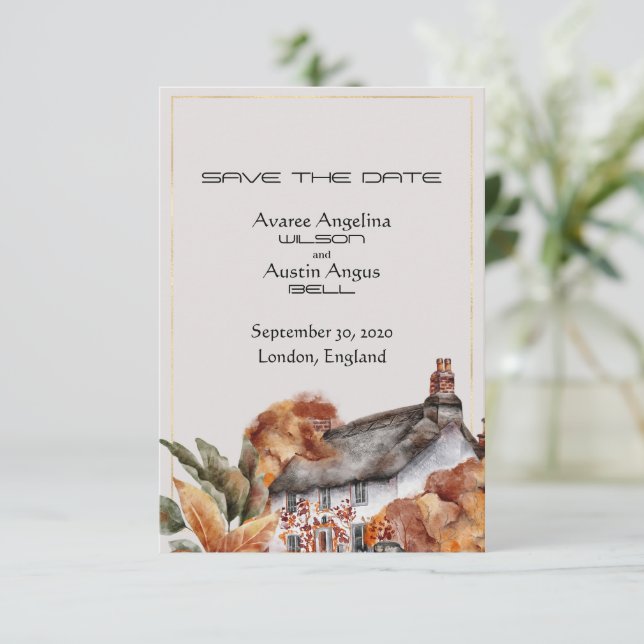 British Thatched Roof Wedding Save the Date (Standing Front)