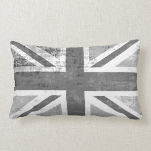 British UK Union Jack Flag in Grunge Grey Lumbar Cushion