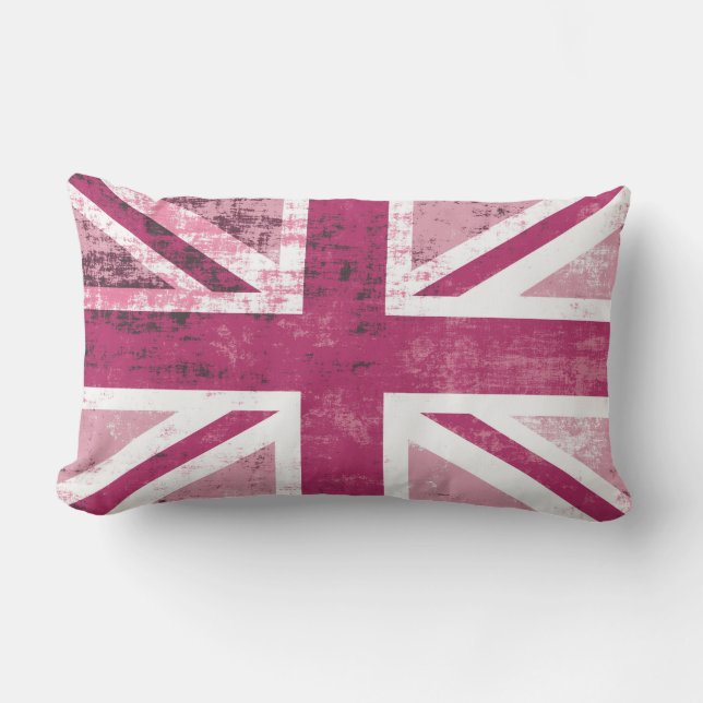 British UK Union Jack Flag in Grunge Pink Lumbar Cushion (Front)