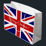 British Union Jack flag Merry Christmas gift bags<br><div class="desc">British Union Jack flag Merry Christmas gift bags. Customise with name or monogam. Personalised Holiday gift bags for men, women and kids. Elegant script typography template design. Add your own season's greeting. Create unique fun shopping bags for friends, family, kids, teacher, student, boy, girl, co worker, tutor, friend, son, daughter,...</div>