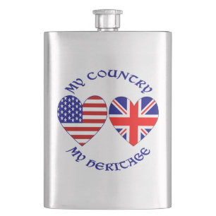 British USA Heart Flags Country Heritage Hip Flask