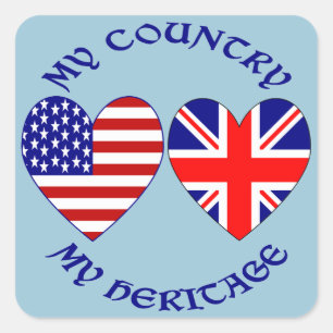 British USA Heart Flags Country Heritage Square Sticker
