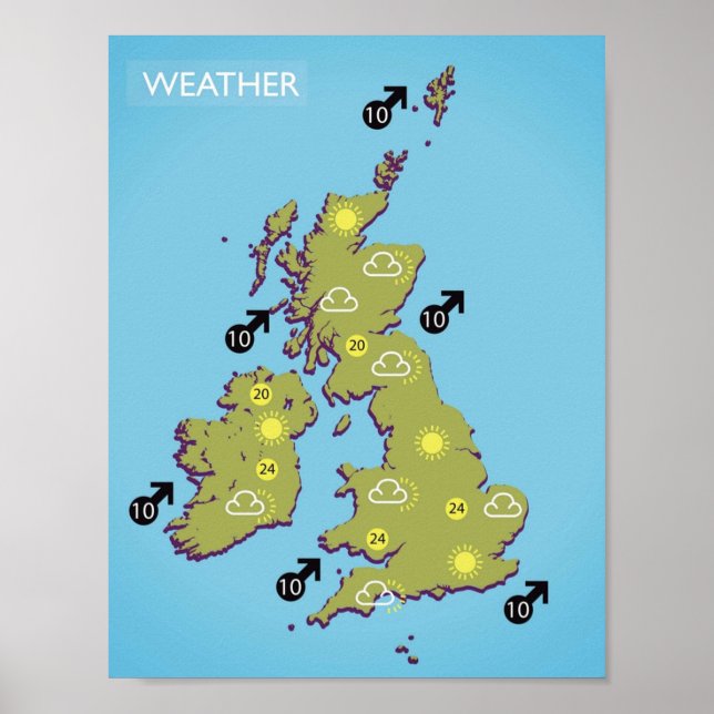 British vintage style television weather map poster (Front)