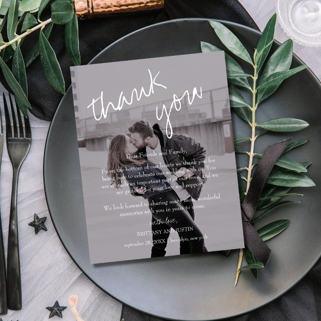 Brittany Black Photo Wedding Reception Thank You Postcard (Simple, modern and elegant wedding reception thank you card with photo and trendy script font)