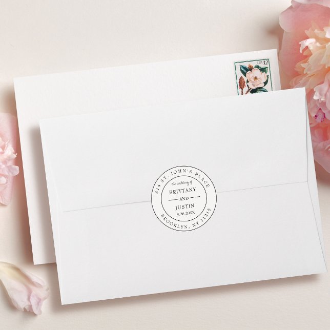 Brittany Circular Return Address Label Wedding (Round wedding address sticker with modern script in a neutral, black and white palette.)