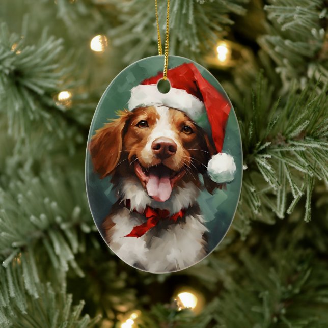 Brittany dog Christmas brush painting artwork Ceramic Tree Decoration (Tree)
