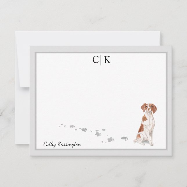 Brittany Dog Grey Border Monogram Your Name Custom Card (Front)