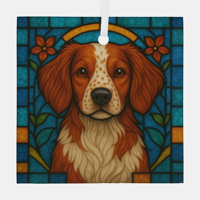 Brittany Dog "Stained Glass"  Glass Tree Decoration (Back)