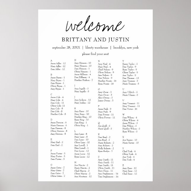 Brittany Elegant Alphabetical Seating Chart (Front)