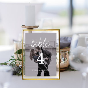 Brittany Elegant Double-Sided Photo White Script Table Number