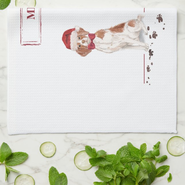 Brittany Funny Christmas Dog and Tree Tea Towel (Folded)