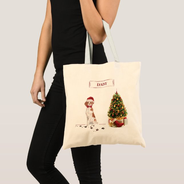 Brittany Funny Christmas Dog and Tree Tote Bag (Front (Product))