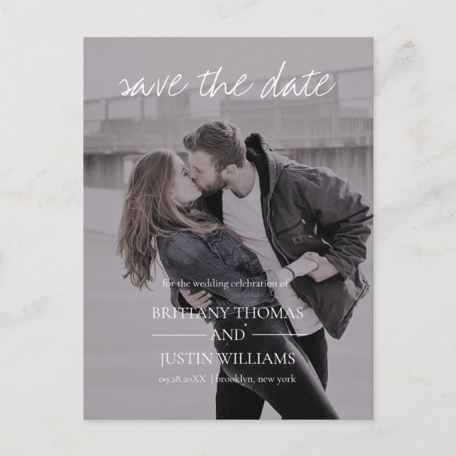 Brittany Modern Photo White Script Save the Date Announcement Postcard (Front)