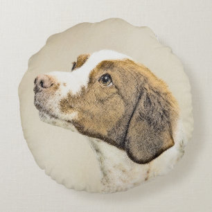 Brittany Painting - Cute Original Dog Art Round Cushion