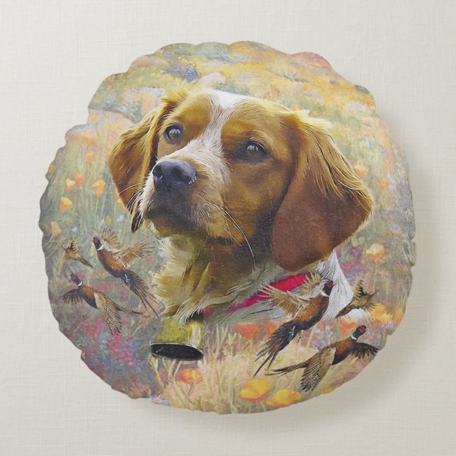Brittany Spaniel Art , Pheasant hunting Round Cushion (Front)