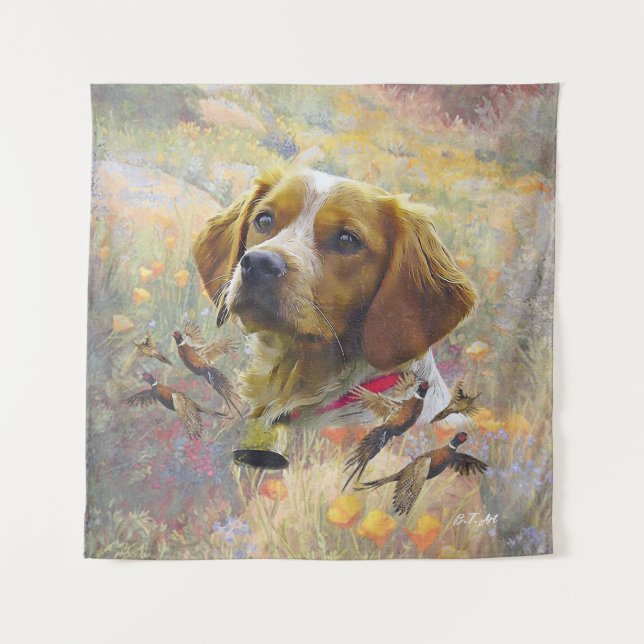 Brittany Spaniel Art , Pheasant hunting Tapestry (Front)
