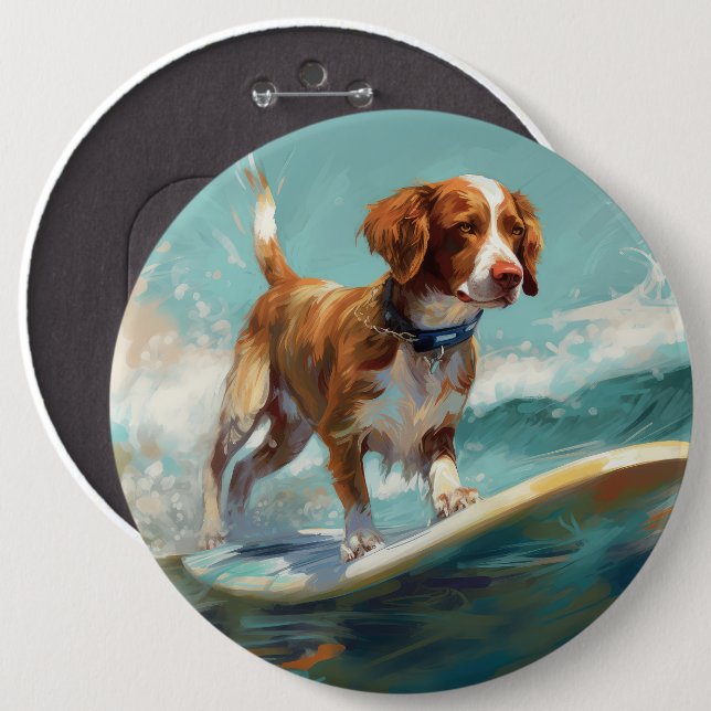 Brittany Spaniel Beach Surfing Painting  6 Cm Round Badge (Front & Back)