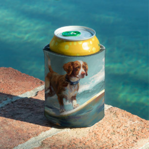Brittany Spaniel Beach Surfing Painting Can Cooler