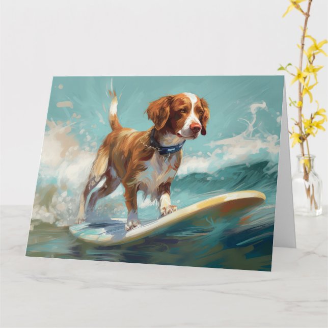 Brittany Spaniel Beach Surfing Painting  Card (Yellow Flower)