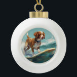 Brittany Spaniel Beach Surfing Painting  Ceramic Ball Christmas Ornament<br><div class="desc">Immerse yourself in the playful world of canine adventure with this captivating painting. A spirited dog takes to the waves, skilfully riding the surf on a sun-kissed beach. The vibrant artwork beautifully captures the essence of beachside excitement as the dog fearlessly rides the waves, embodying the spirit of fun and...</div>