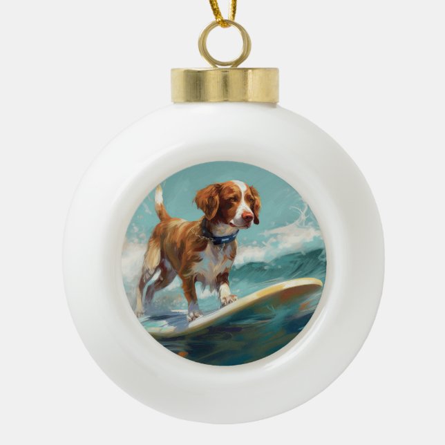 Brittany Spaniel Beach Surfing Painting  Ceramic Ball Christmas Ornament (Front)