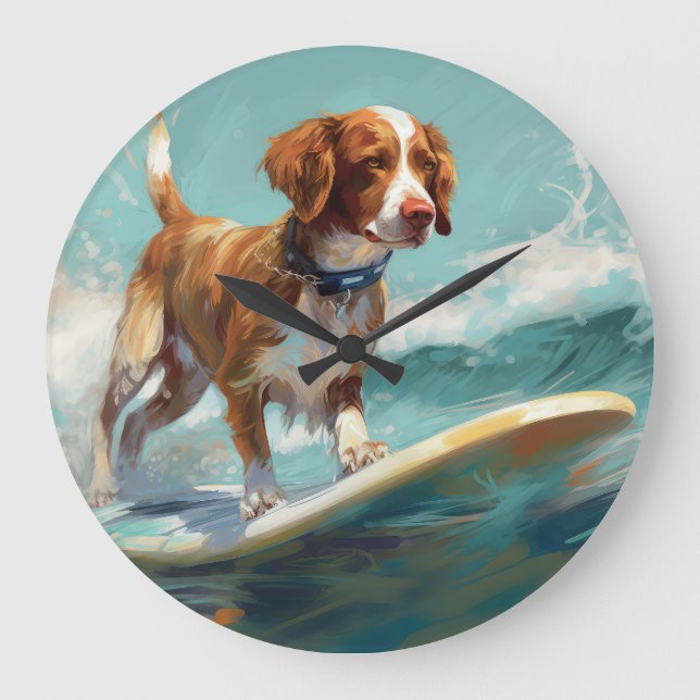 Brittany Spaniel Beach Surfing Painting  Large Clock (Front)