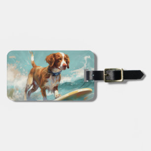 Brittany Spaniel Beach Surfing Painting Luggage Tag