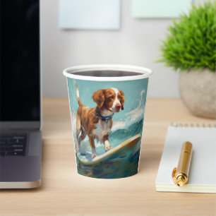 Brittany Spaniel Beach Surfing Painting Paper Cups
