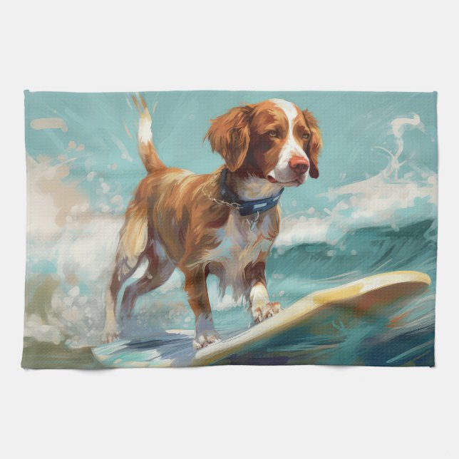 Brittany Spaniel Beach Surfing Painting  Tea Towel (Horizontal)