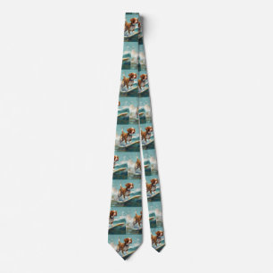 Brittany Spaniel Beach Surfing Painting Tie