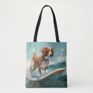 Brittany Spaniel Beach Surfing Painting Tote Bag