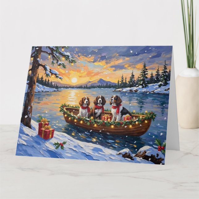 Brittany Spaniel Christmas Boat Holiday Card (Front)