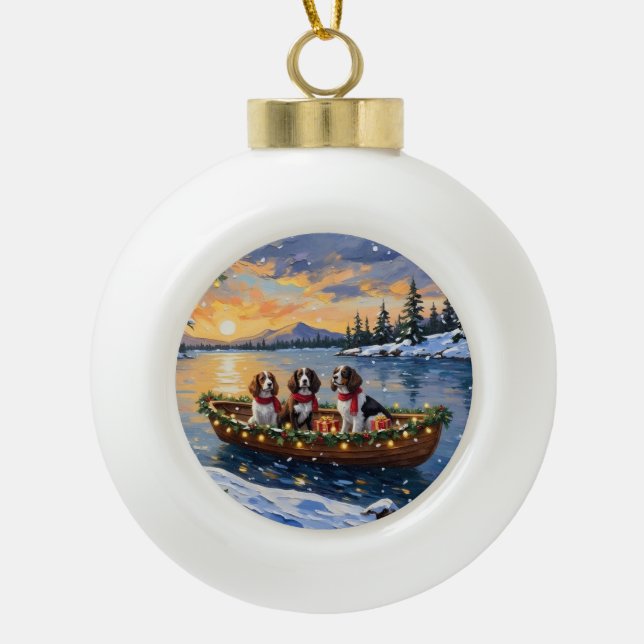 Brittany Spaniel Christmas Boat Holiday Ceramic Ball Christmas Ornament (Front)