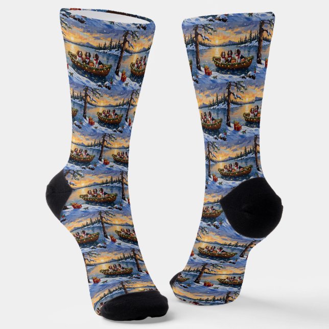 Brittany Spaniel Christmas Boat Holiday Socks (Angled)