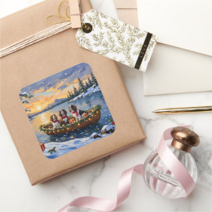 Brittany Spaniel Christmas Boat Holiday Square Sticker