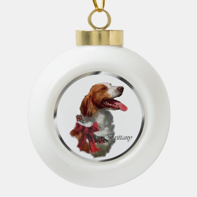 Brittany Spaniel Christmas Ceramic Ball Christmas Ornament (Front)