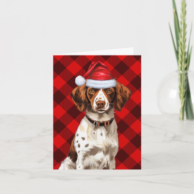 Brittany Spaniel Christmas Dog Red Plaid Christmas Holiday Card (Front)